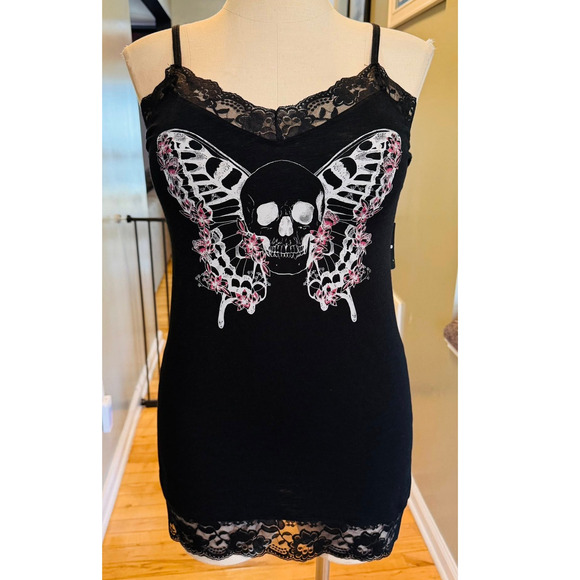 Torrid 3 (3X 22/24) New Skull Butterfly Tattoo Punk Gothic Lace Trim Cami Tank‎ - Picture 1 of 3